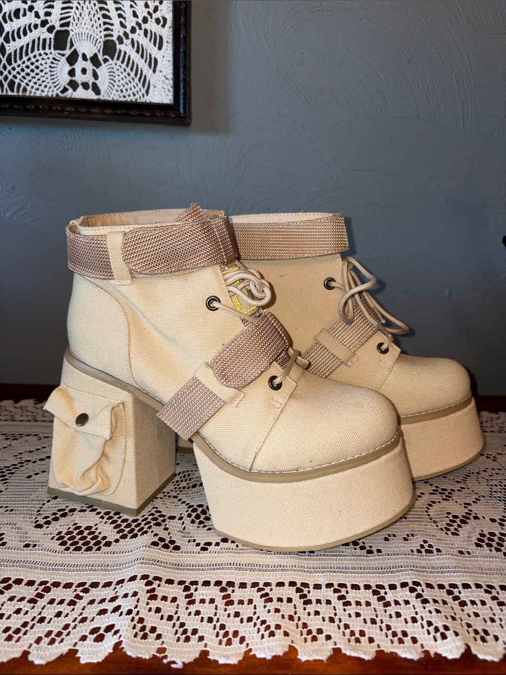 LF Cream Platform Ankle Boots with Utility Pocket